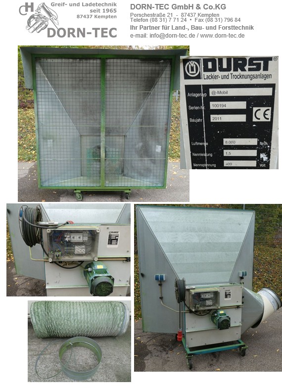 MOBILE ABSAUGANLAGE für Lackierarbeiten gebraucht, BJ 2011 Luftmenge 8.000 m³/h Nennleistung 1,5 kW Nennspannung 400V Absaugfläche ca. 2x2m Breite ca. 2m Gesamthöhe ca. 2,2m Tiefe ca. 1,4m