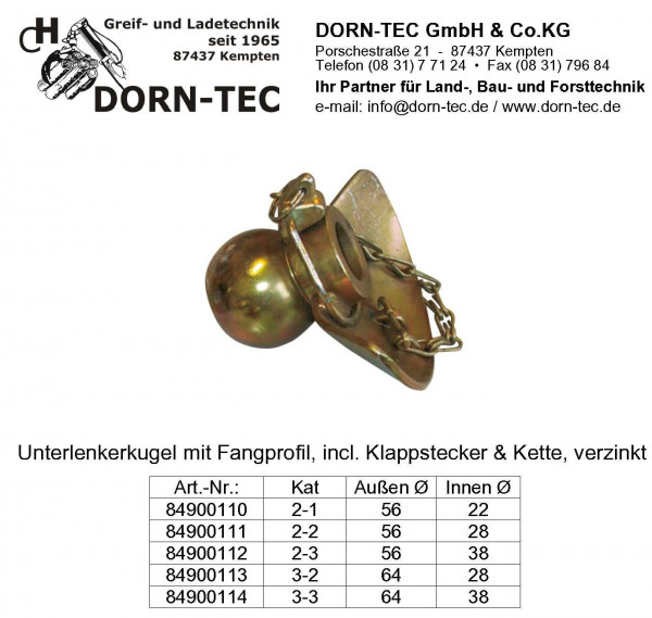 UNTERLENKER-KUGEL mit Fangprofil, Kat. 2-2 mit Kette und Klappstecker