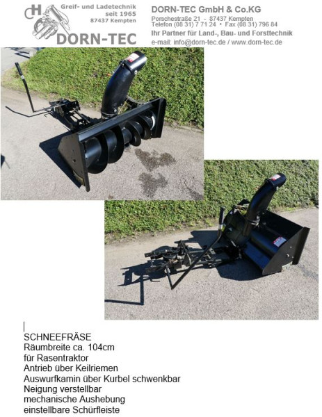 SCHNEEFRÄSE Räumbreite ca. 104cm für Rasentraktor Antrieb über Keilriemen Auswurfkamin über Kurb