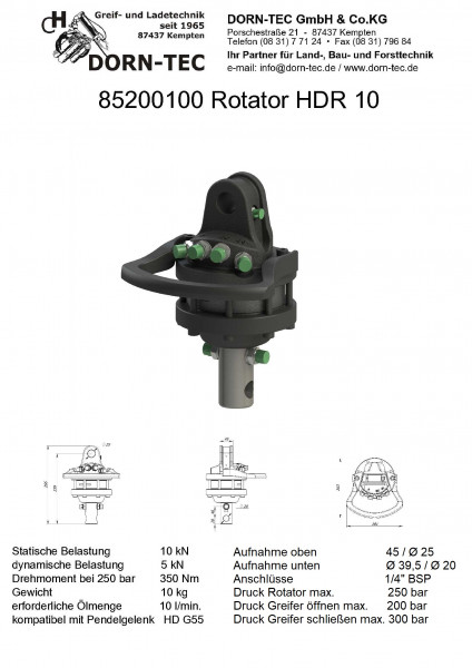 ROTATOR HDR 10 - Max. Axialbelastung 1000kg - Drehmoment 450Nm bei 250bar - 250 bar max. Betriebs