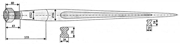 Ballenspieß 1200mm, Gewinde M22 Ø 36mm