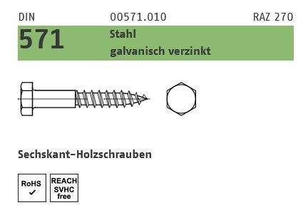 6-KANT HOLZ-SCHRAUBE 12 x 120 galvanisch verzinkt, DIN 571